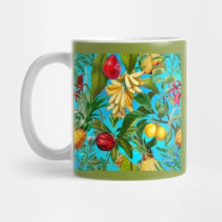 Vibrant tropical floral leaves and fruits floral illustration, botanical pattern, Aqua blue fruit pattern over a Mug